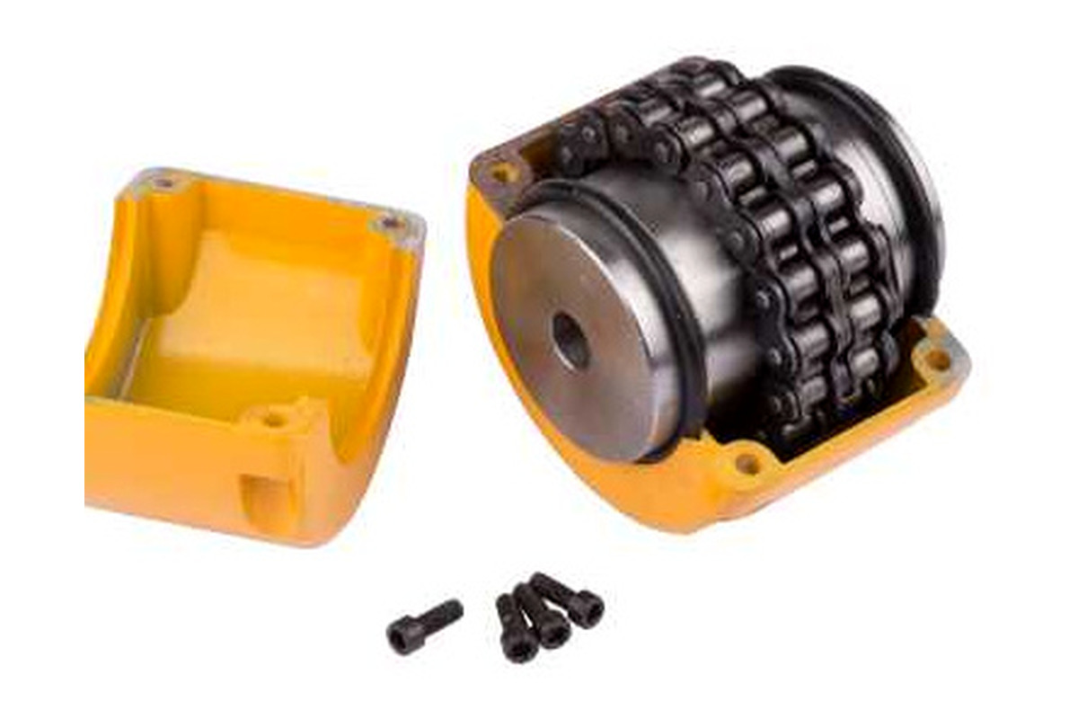 Roller chain coupling with yellow cover halves