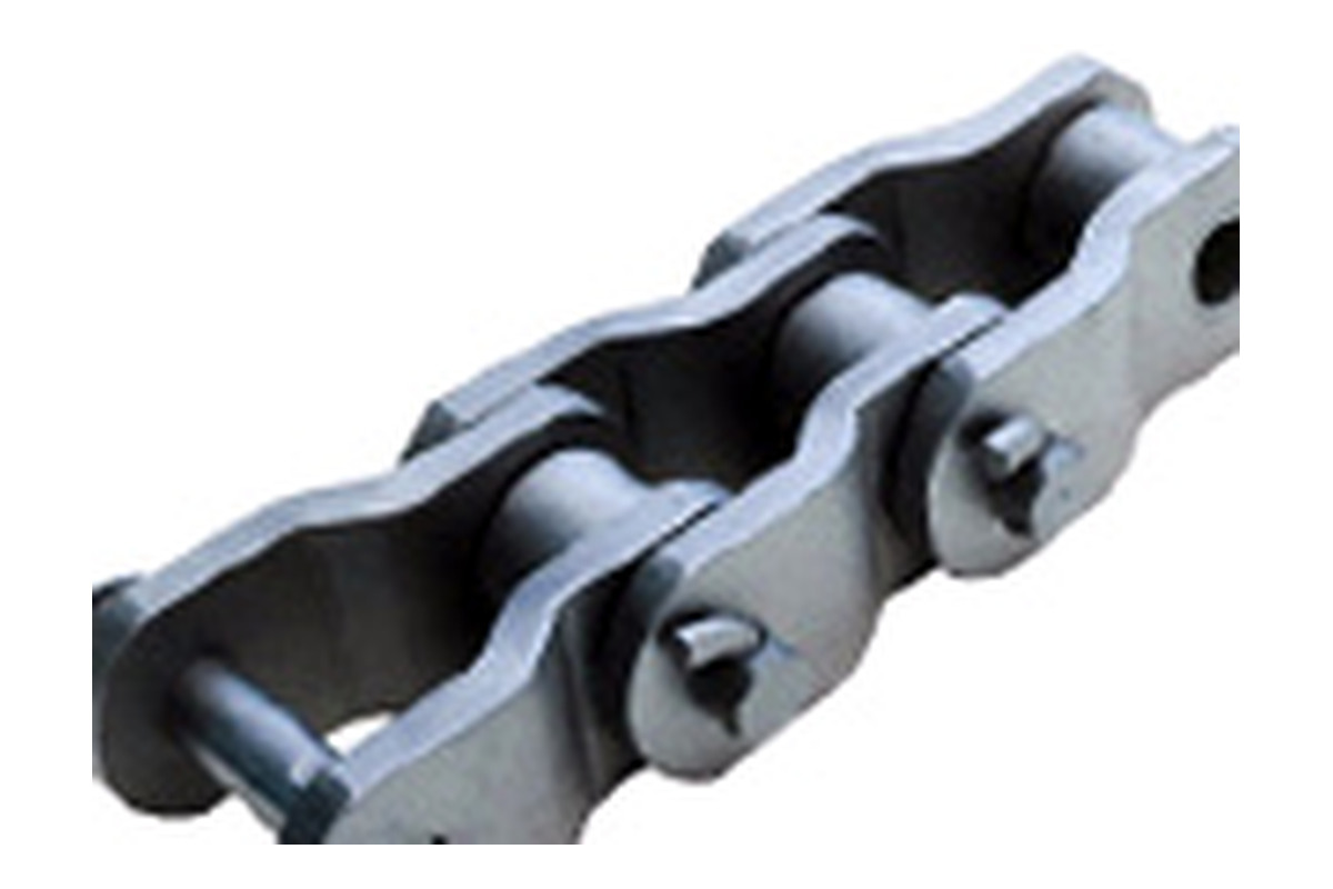 Close view of an industrial roller chain link assembly